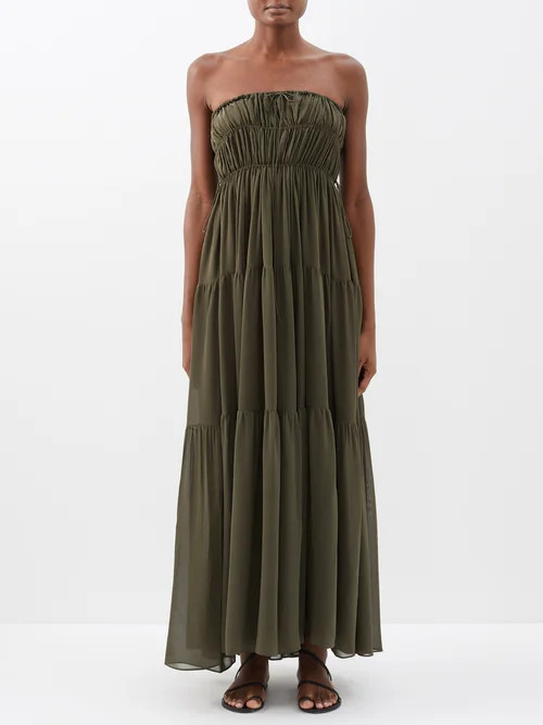 Matteau - Shirred Off-the-shoulder Organic-cotton Maxi Dress - Womens - Olive | Matches (US)