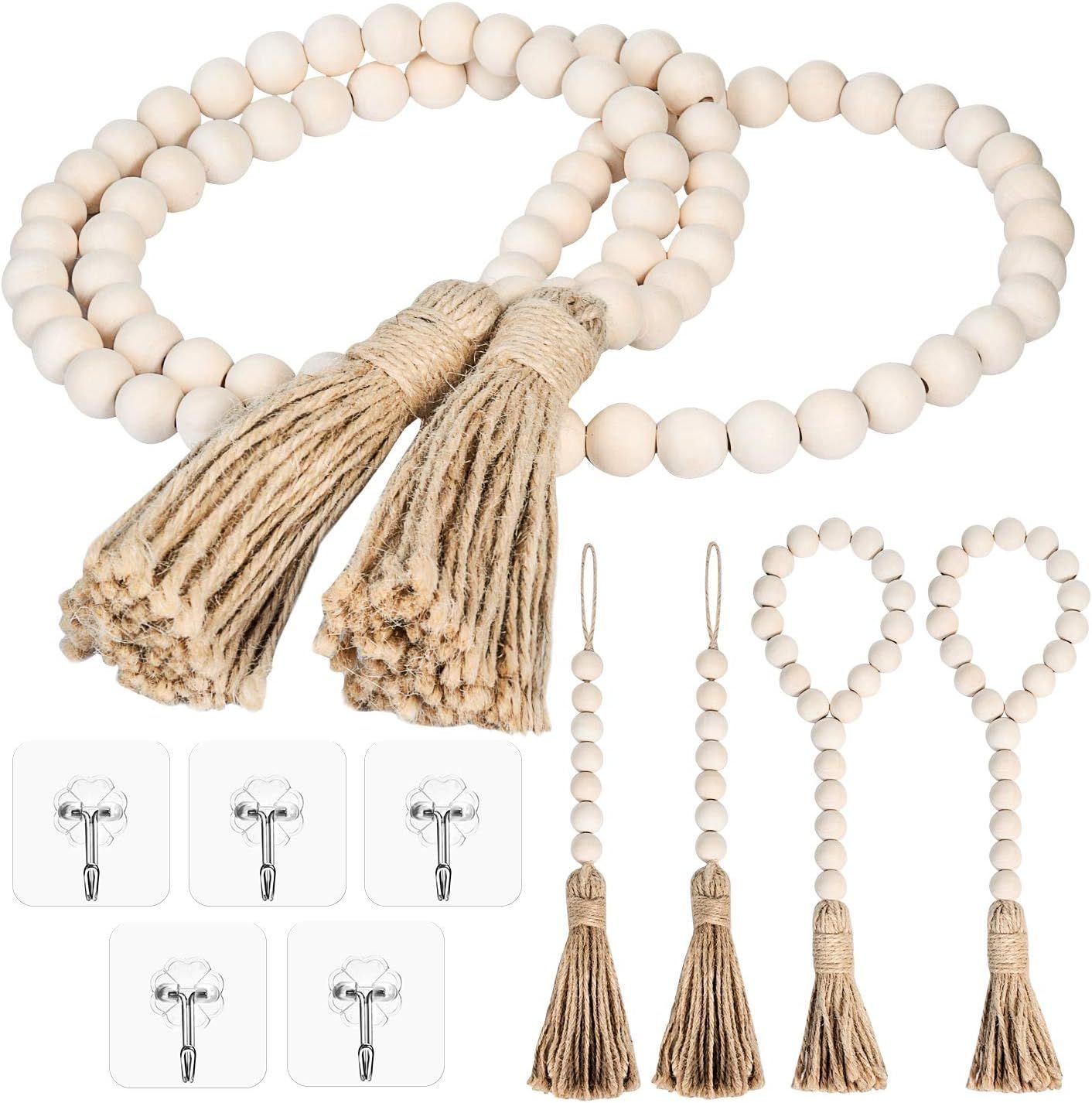 YEHUONU Wood Bead Garland Set with Tassels，Prayer Beads Farmhouse Beads Wall Hanging Decoration... | Amazon (US)