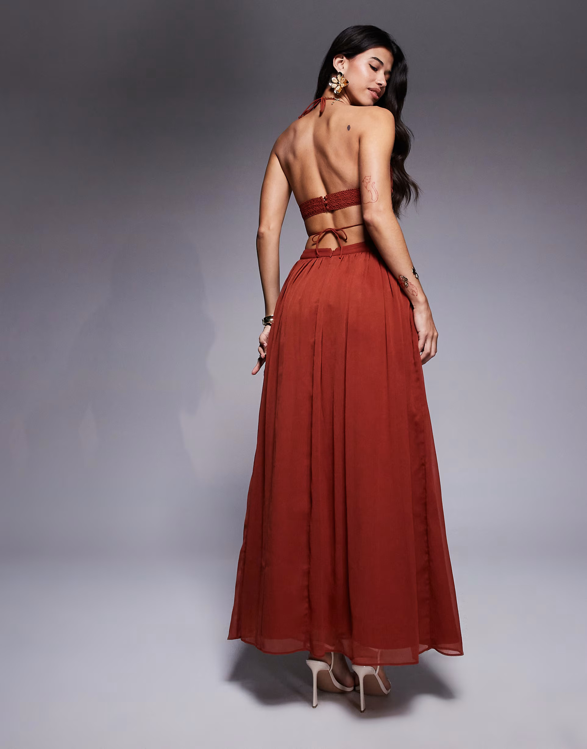 ASOS DESIGN crochet and faux suede bust tiered maxi dress with cut out in rust | ASOS (Global)