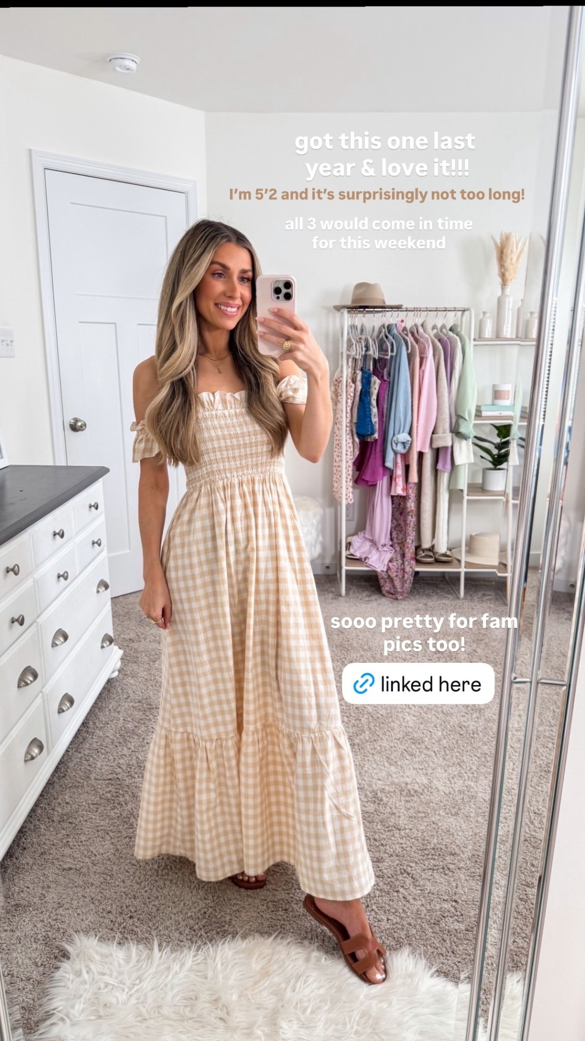 got this one last
 year & love it!!! sooo pretty for fam pics too!  I’m 5’2 and it’s surprisingly not too long!  all 3 would come in time for this weekend