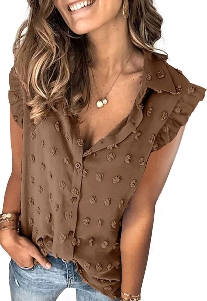 Vankovishion Womens Button Down Shirt Casual Pompom Solid Sleeveless Chiffon Blouse Tops | Amazon (US)