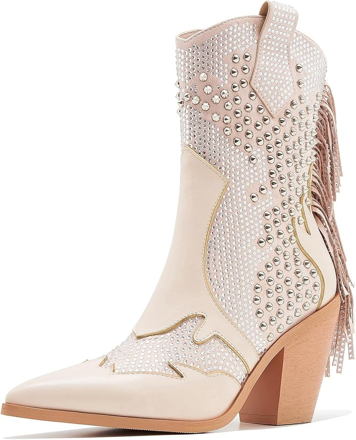 Ankle Boots for Women Chunky Heel Rivet Western Cowboy Boots With Tassel Pointed Toe Rhinestone B... | Amazon (US)