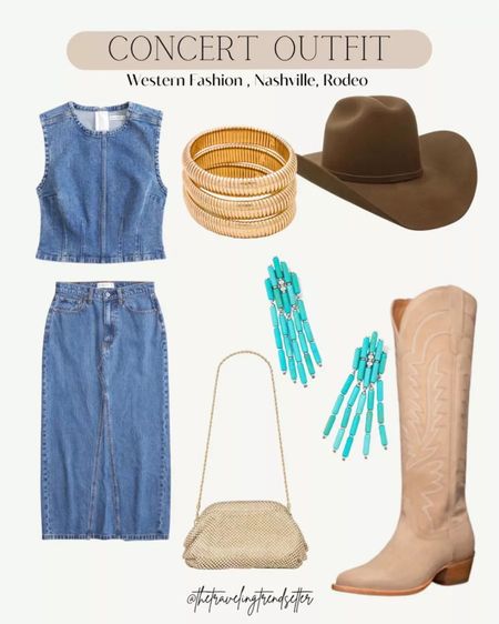 Love this country concert outfit idea with a denim midi skirt! Paired with tall cowboy boots, a gold handbag, and some turquoise jewelry, this is giving all the western chic vibes. Follow along for more western outfits, rodeo outfits, Nashville outfits and more!
11/23

#LTKparties #LTKSeasonal #LTKstyletip