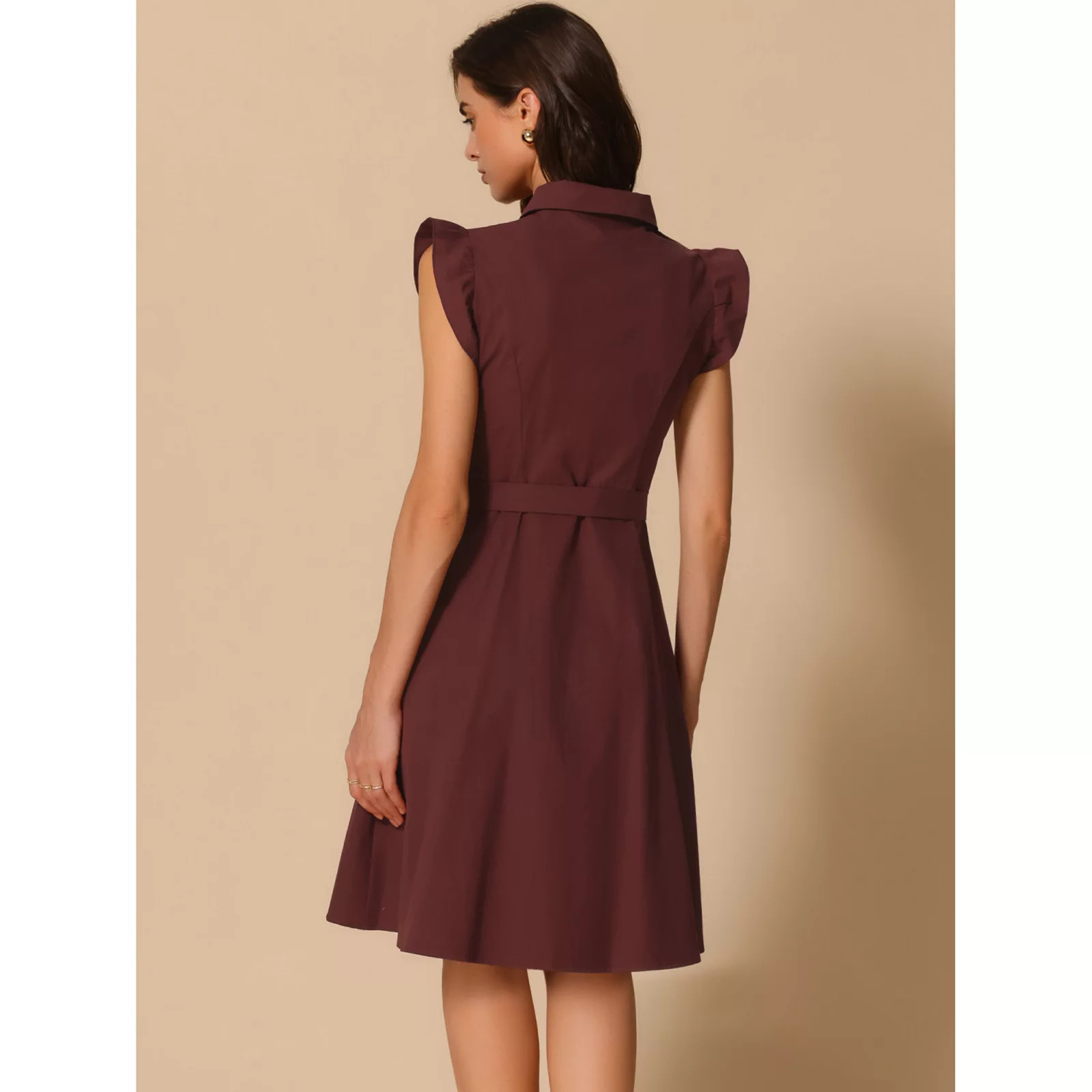 Women's Work Ruffled Sleeve Button Down Belted Knee Length Shirt Dress | Kohl's