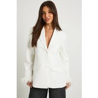 Feather Cuff Oversized Blazer, ivory | PrettyLittleThing US