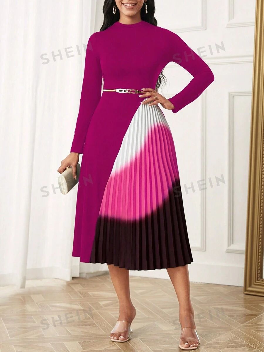 SHEIN Lady Color Block Pleated Round Neck Long Sleeve Dress Without Belt | SHEIN