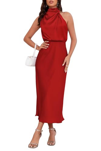Women's 2026 Summer Satin Dress Elegant Formal Sleeveless Mock Neck Wedding Guest Cocktail Party ... | Amazon (US)