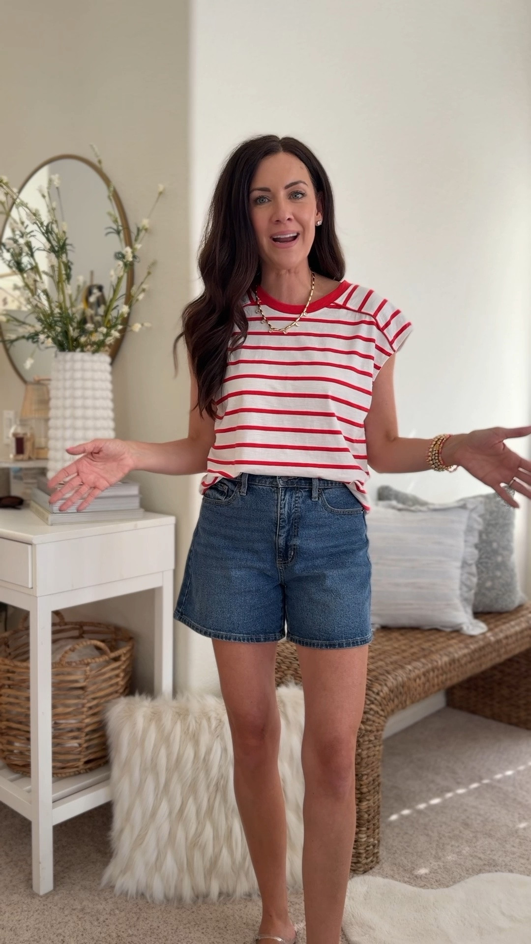 Medium tee
4 in shorts

#LTKmomlife #LTKootd #LTKSeasonal