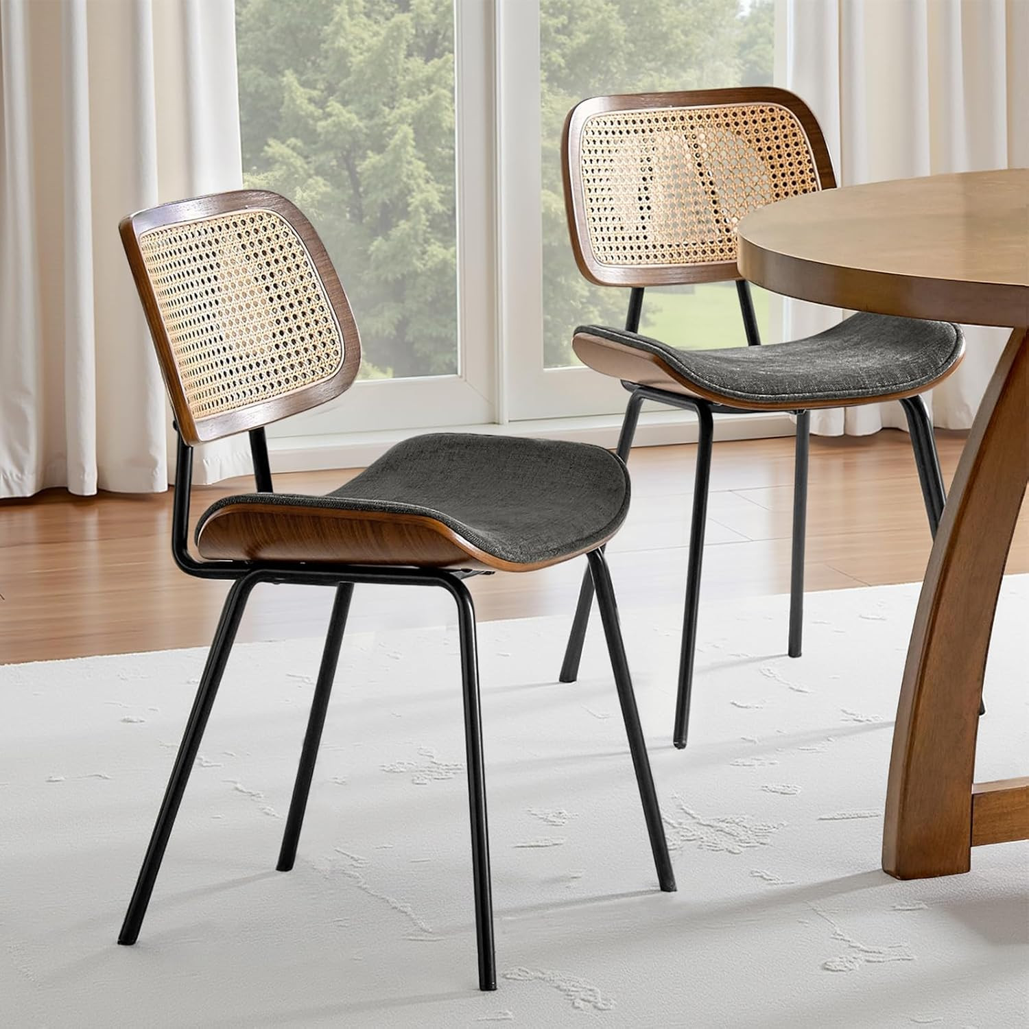 HULALA HOME Rattan Dining Room Chairs Set of 2, Farmhouse Upholstered Kitchen Chair with Square W... | Amazon (US)