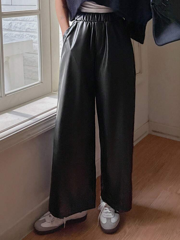 DAZY Women's Casual Solid Color Wide Leg Leather Pants Fall,Winter | SHEIN