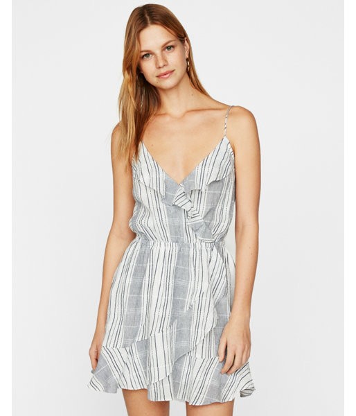 Express Womens Petite Striped Ruffle Wrap Cotton Cami Dress | Express