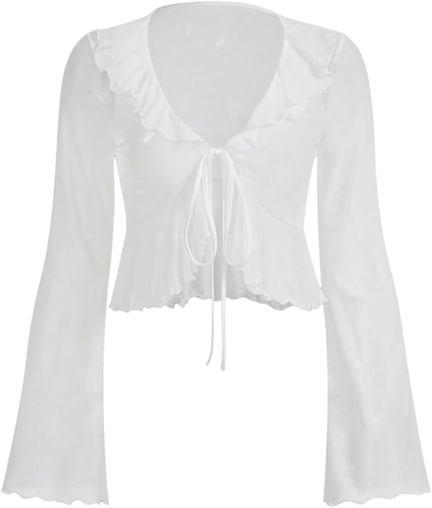 GORGLITTER Women's Tie Front Tops Sheer Mesh Bell Long Sleeve Ruffle Blouse Shirt Crop Top | Amazon (US)