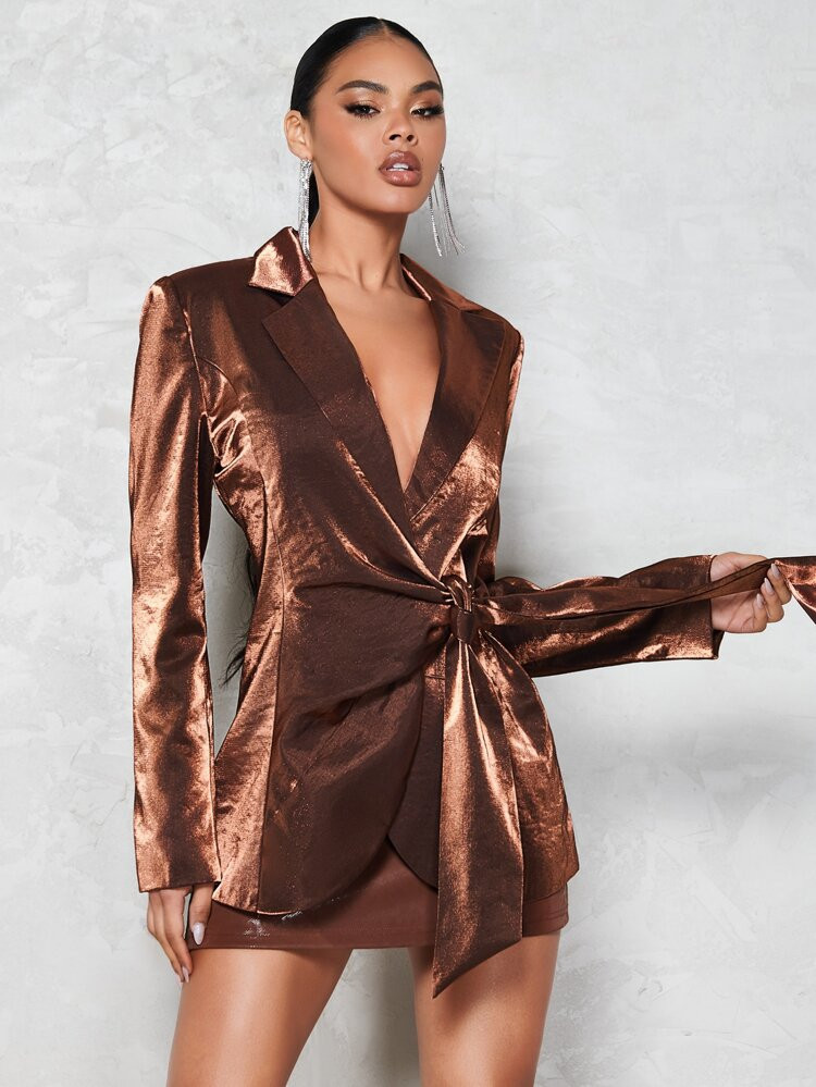 SHEIN BAE Lapel Collar Tie Front Metallic Blazer | SHEIN