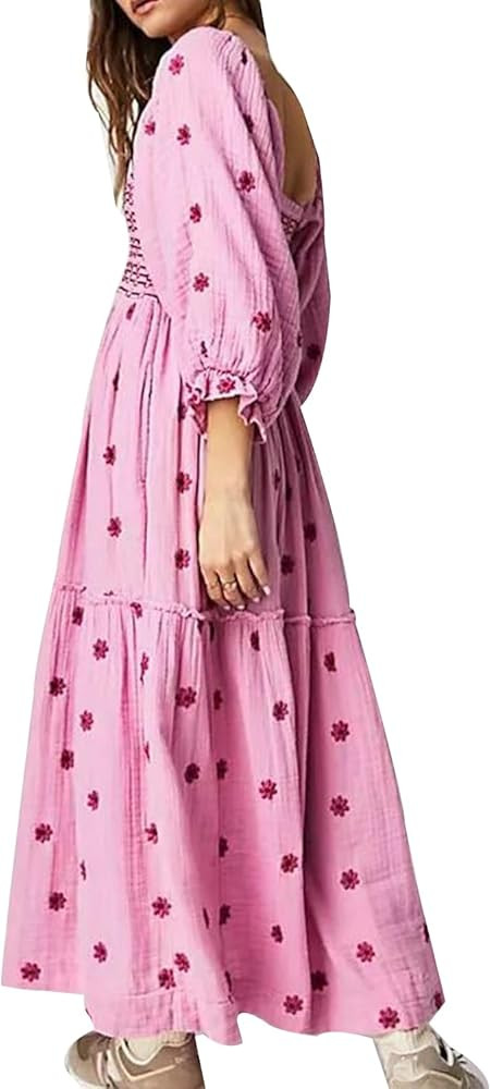 Willow Dance Women Casual Bohemian Floral Dress Square Neck Ruffle Swing A Line Long Sleeve Beach... | Amazon (US)