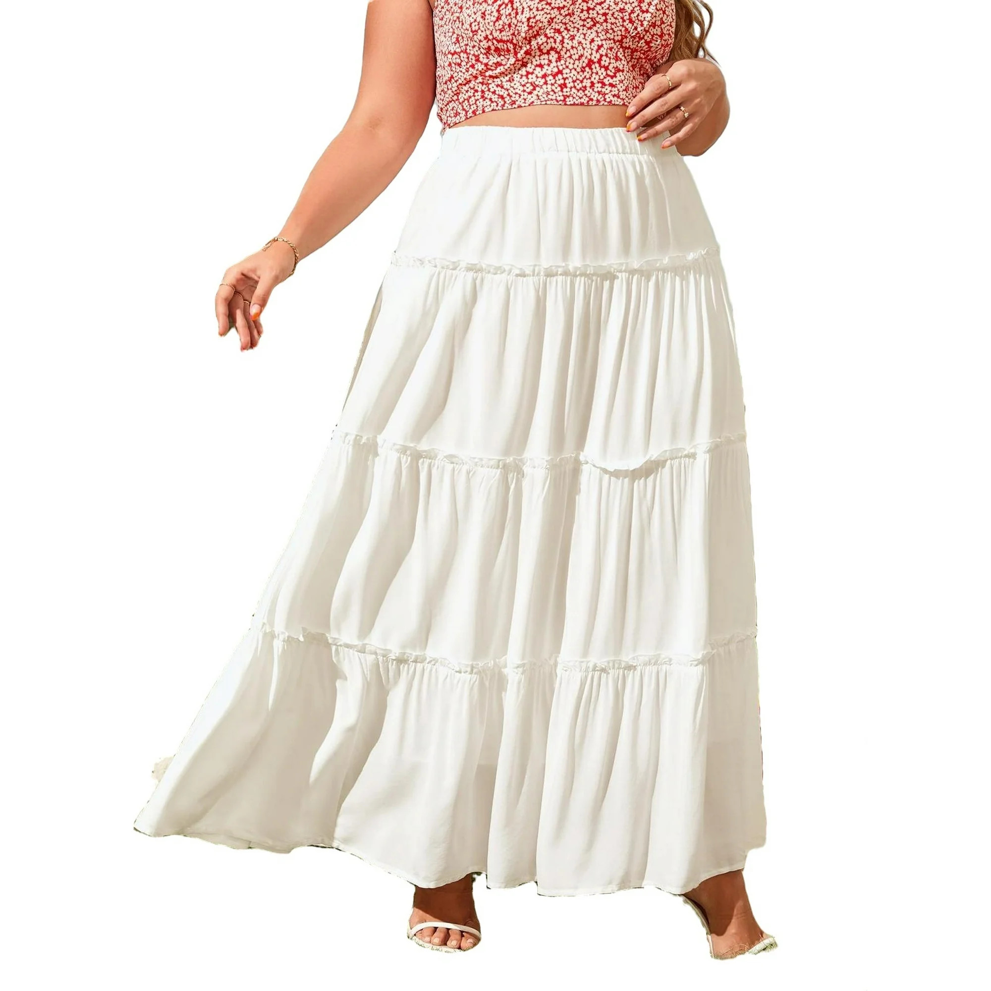 Boho Solid Layered/Tiered White Plus Size Skirts (Women's) | Walmart (US)