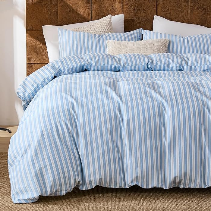 Merryword Blue and White Striped Duvet Cover Set Queen Size, 100% Cotton Linen Like Textured Bedd... | Amazon (US)
