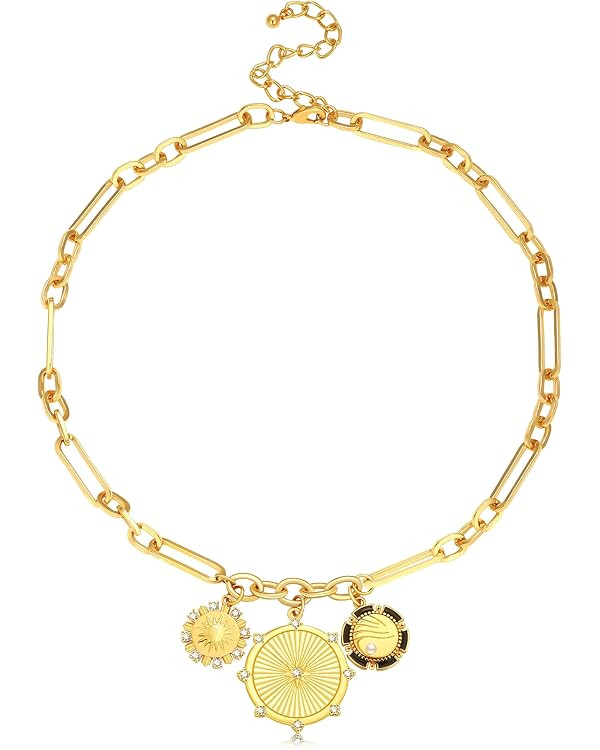 Chunky Gold Sun Heart Pendant Charm Necklace for Women 18K Gold Plated Thick Paperclip Chain Chok... | Amazon (US)