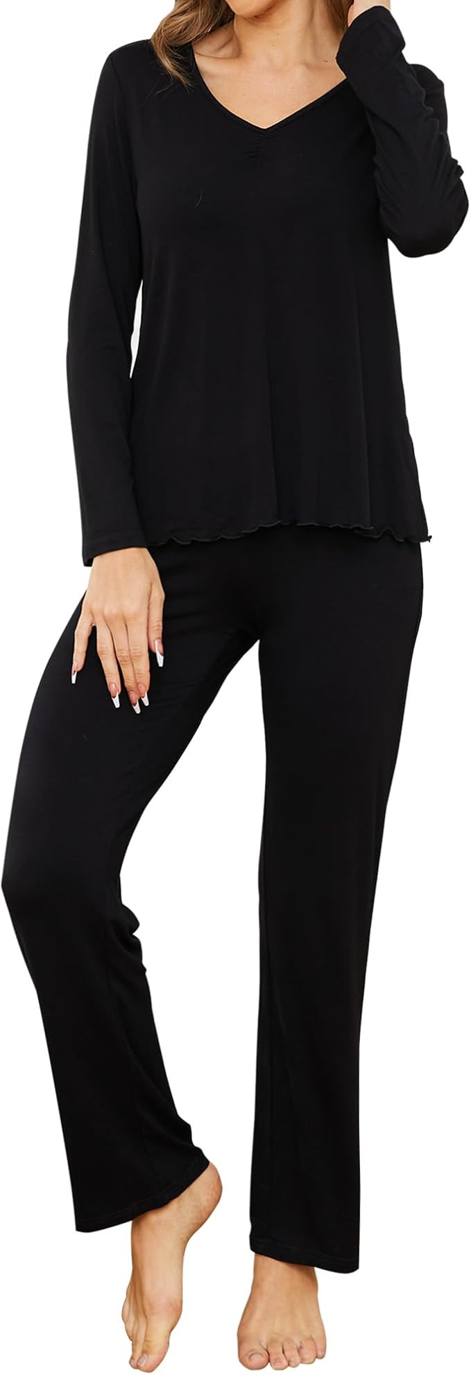 Women's Soft Knit Pajamas Set V-Neck Top and Pants Long Sleeve Two Piece Loungewear Elegant Wavy ... | Amazon (US)