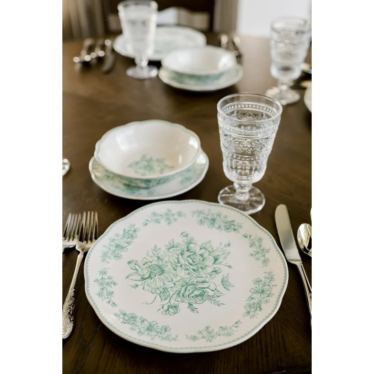 The Pioneer Woman Agatha 12-Piece Stoneware Dinnerware Set, Green | Walmart (US)