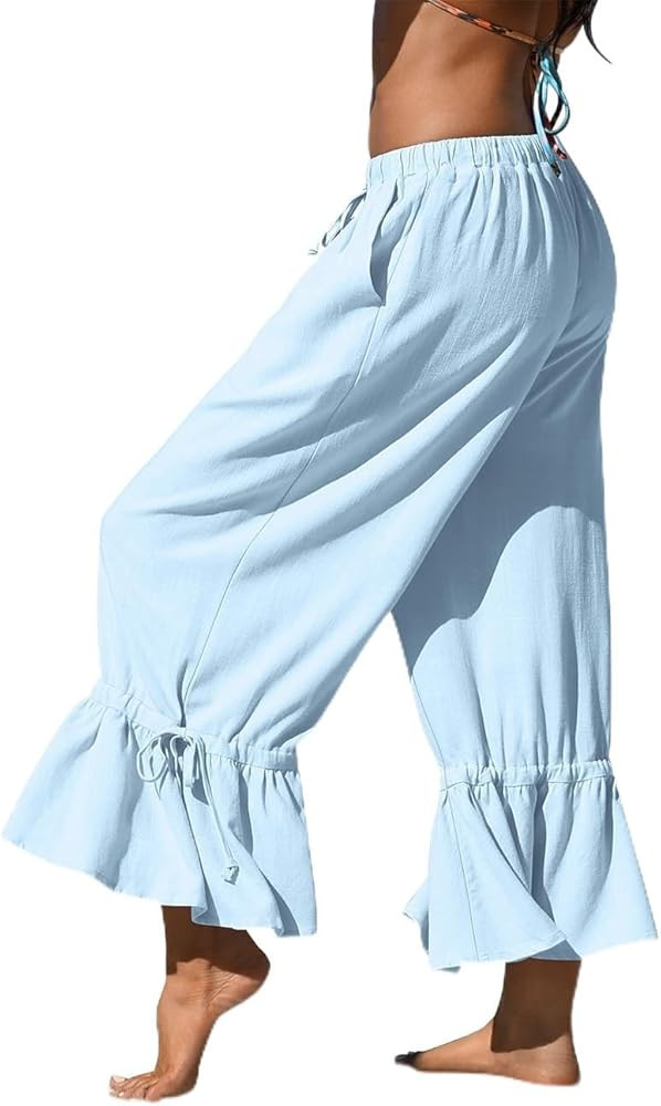 TARSE Womens Linen Wide Leg Pants Casual Cropped Ruffle with Ties Palazzo Flowy Drawstring Loose ... | Amazon (US)
