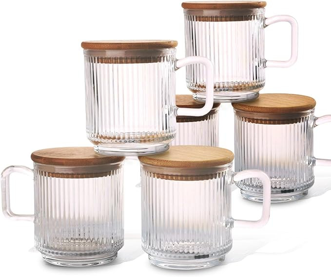 Ribbed Glass Coffee Mug with bamboo lids and handle, Set of 6, Clear, 12oz Tea Drinking Glasses, ... | Amazon (US)