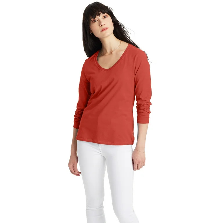 Hanes Originals Women's Cotton V-Neck Tee with Long Sleeves, Sizes XS-XXL - Walmart.com | Walmart (US)