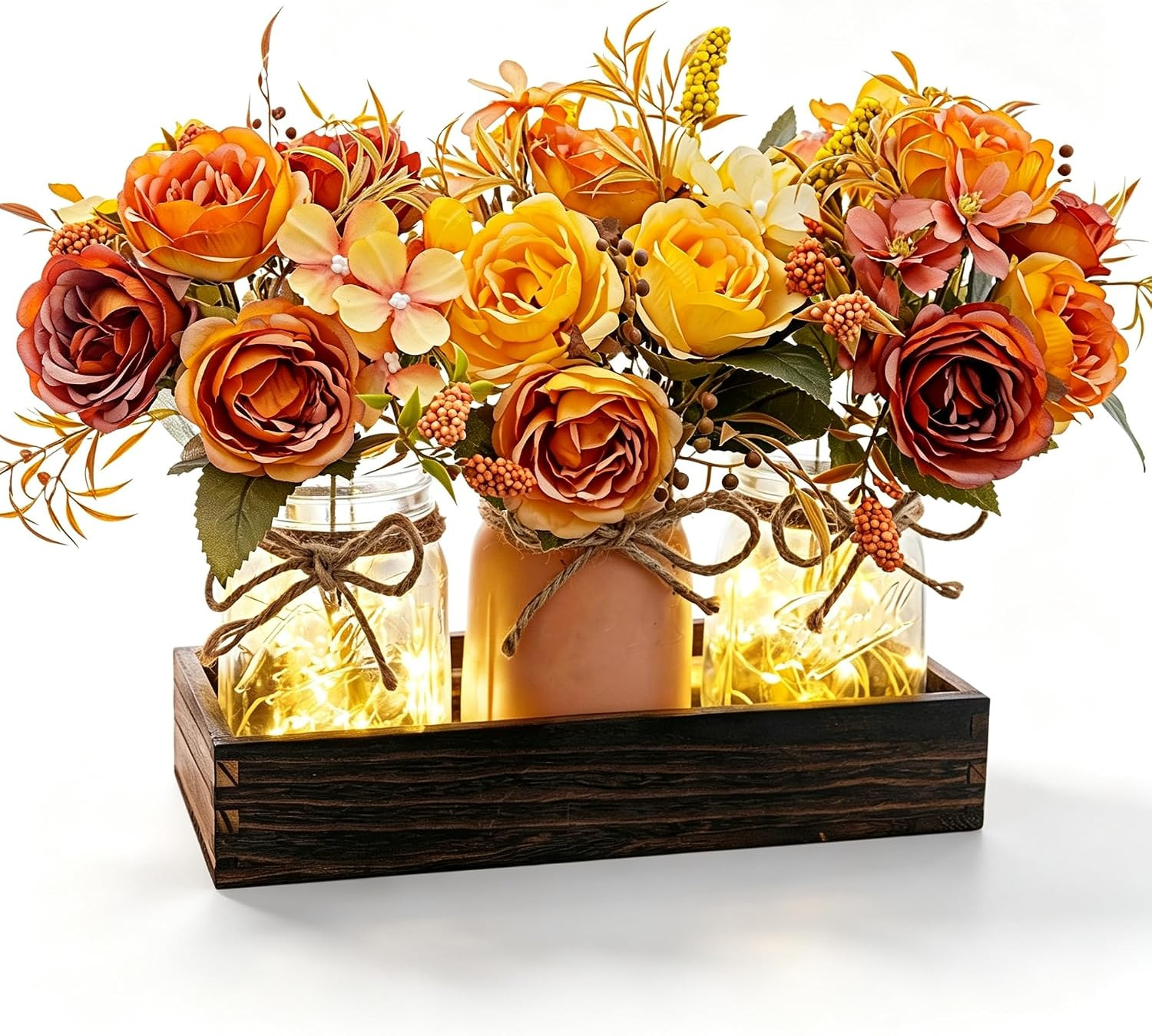 LUEUR Fall Mason Jar Centerpiece Set of 3 with Rustic Wood Tray-Orange Rose | Amazon (US)