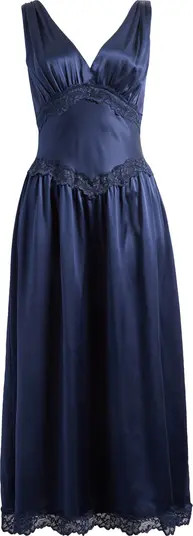 Stasia Lace Trim Silk Charmeuse Midi Dress | Nordstrom