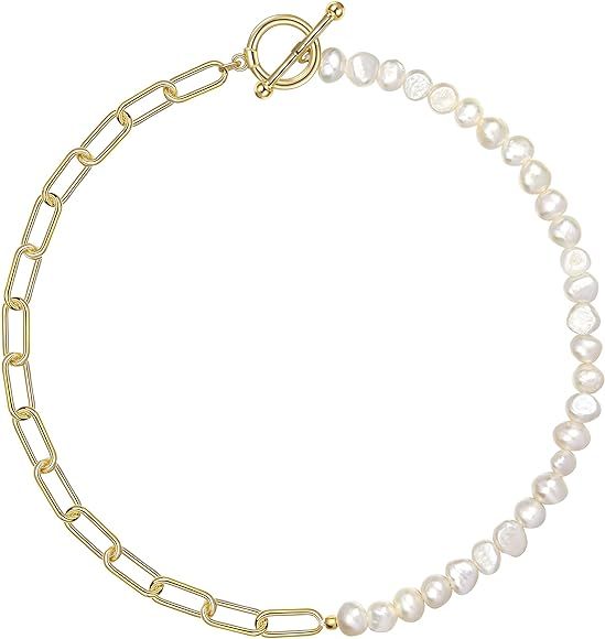 Cowlyn Paper Clip Pearl Necklace Vintage Chunky Link Chain Baroque Cultured Pearls 18K Gold Choke... | Amazon (US)