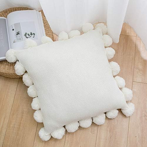 Famibay Knitted Pillow Covers with Pompoms Fringe Striped Cable Knitted Throw Pillow Cases Decora... | Amazon (US)