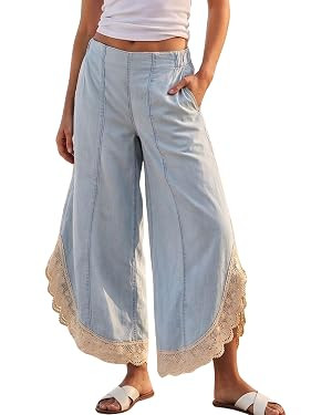 Hooever Women's Lace Trim Linen Wide Leg Pants High Waist Waist Cropped Palazzo Trousers | Amazon (US)