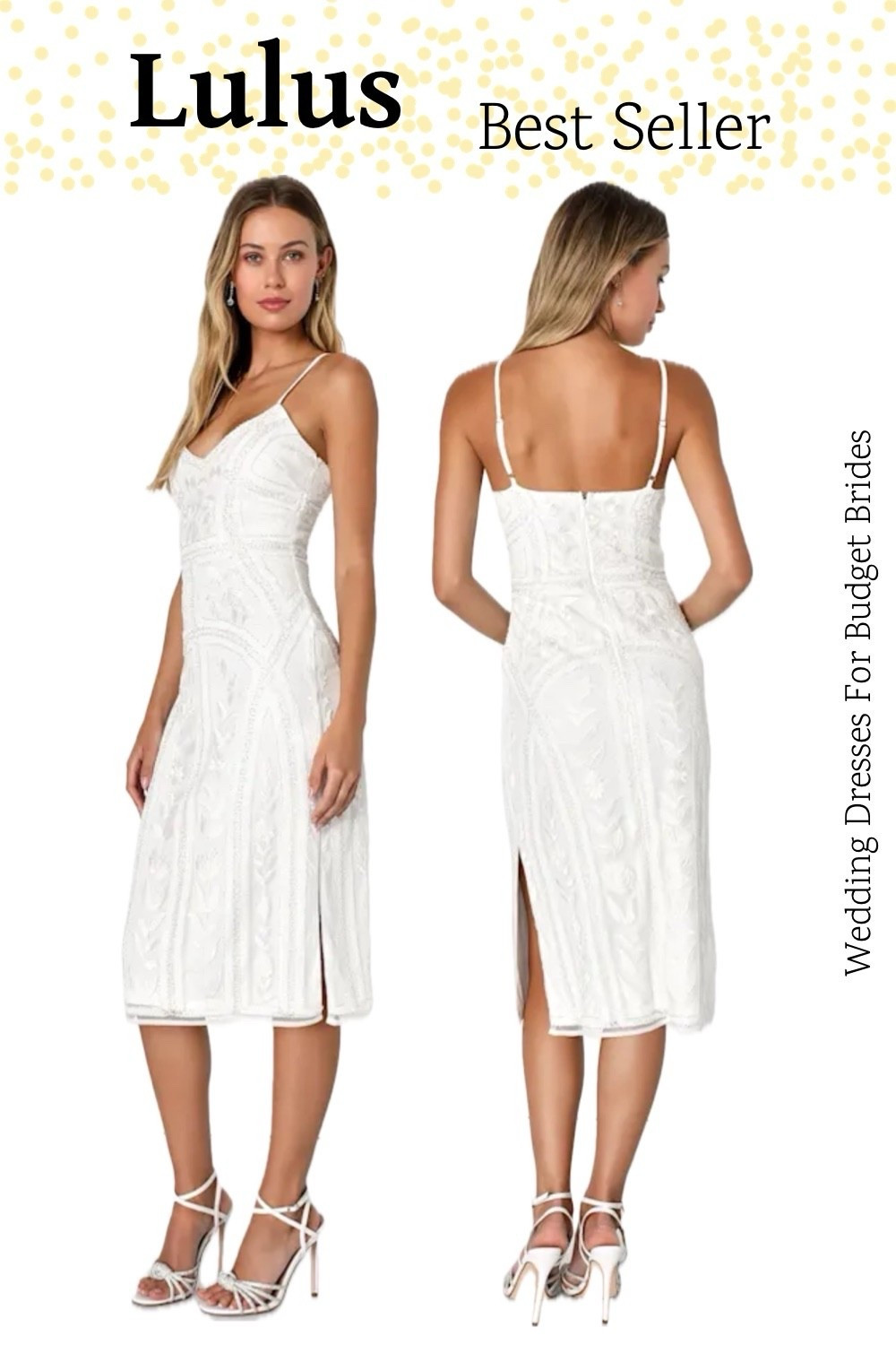 Best selling white sequin embroidered midi dress for the bride to be. At Lulus and under $100.

Engagement photo shoot dress, engagement party dress, bachelorette party dress, bridal shower dress, rehearsal dinner dress, after party dress, reception dress. 

#LTKSeasonal #LTKWedding