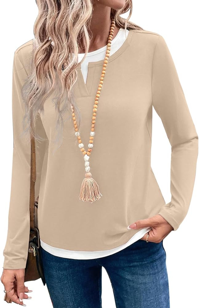 SHEWIN Women's Tops Casual Crewneck Color Block Long Sleeve Shirts Fall Fashion Basic Tees Slim F... | Amazon (US)