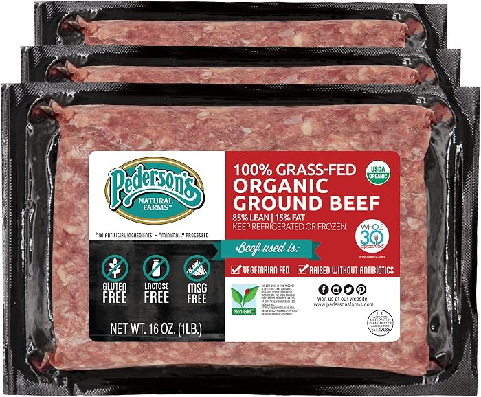 Pederson's Farms, Organic 100% Grass Fed Ground Beef, Whole30 (3 Pack, Use/Freeze) 1lb ea - 85% L... | Amazon (US)
