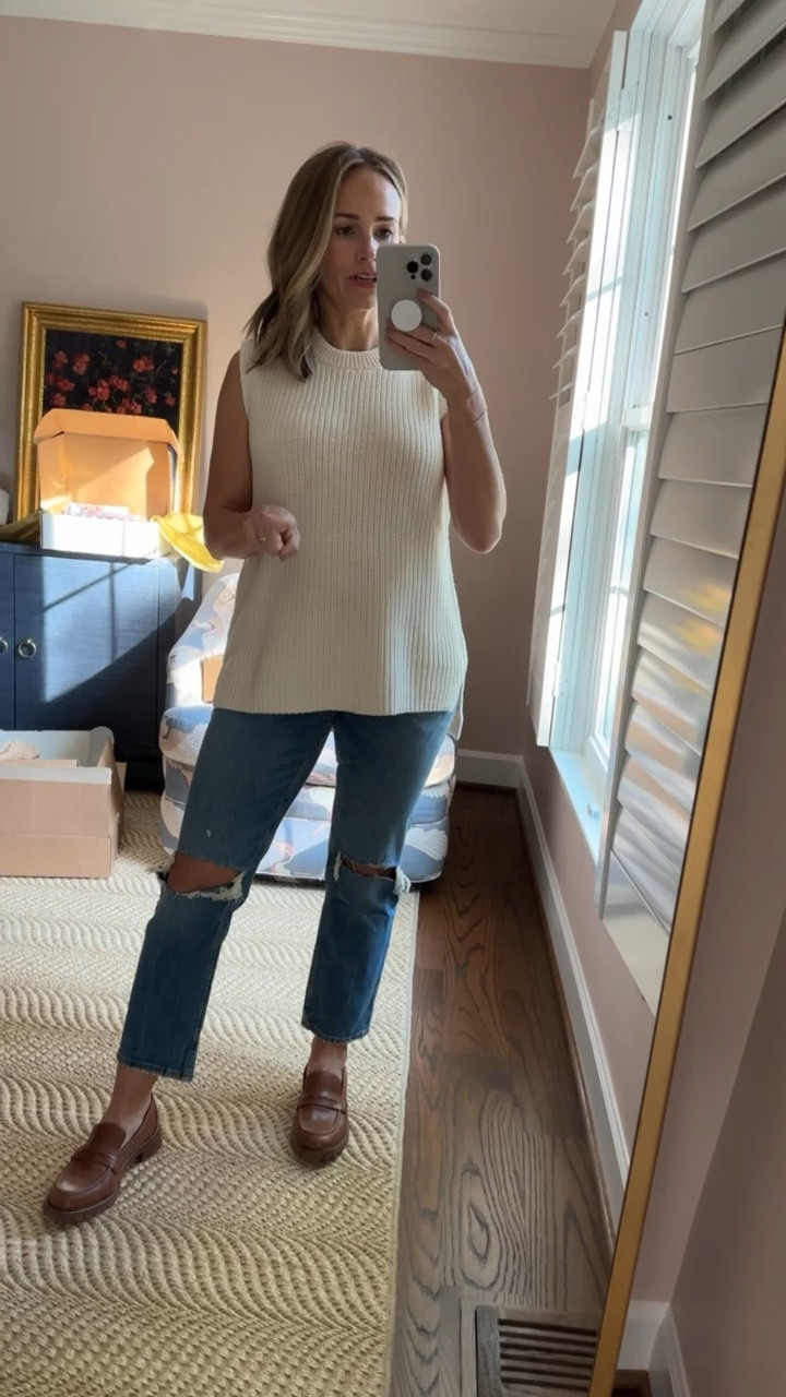 This sleeveless sweater from Madewell is SO flattering, not itchy at all, and works perfectly for a bump even though it’s not technically maternity. Wearing a size small.  My jeans are Abercrombie and they’re a true maternity. I went up one size from my regular and love them. My brown loafers are Madewell and so comfortable!   EVERYTHING I have on is on sale! Copy the codes below! 

#LTKSale #LTKSeasonal #LTKbump
