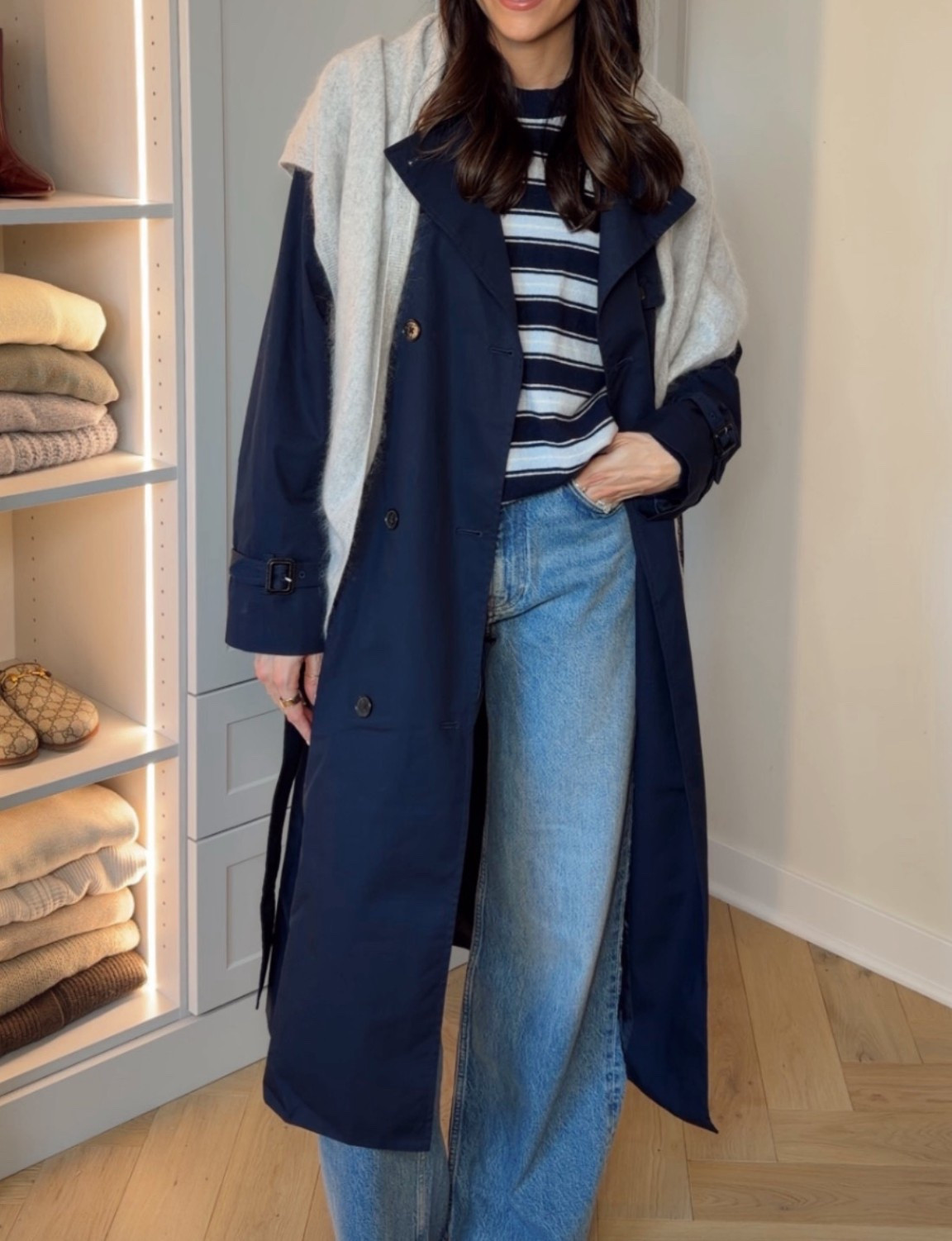 Navy trench coat 😍 sized up to a M for a roomier fit. Got my true size in the striped cashmere sweater and true size 26 in the jeans

Aritzia pre-spring / early spring outfit 

#LTKgrwm #LTKootd #LTKSeasonal
