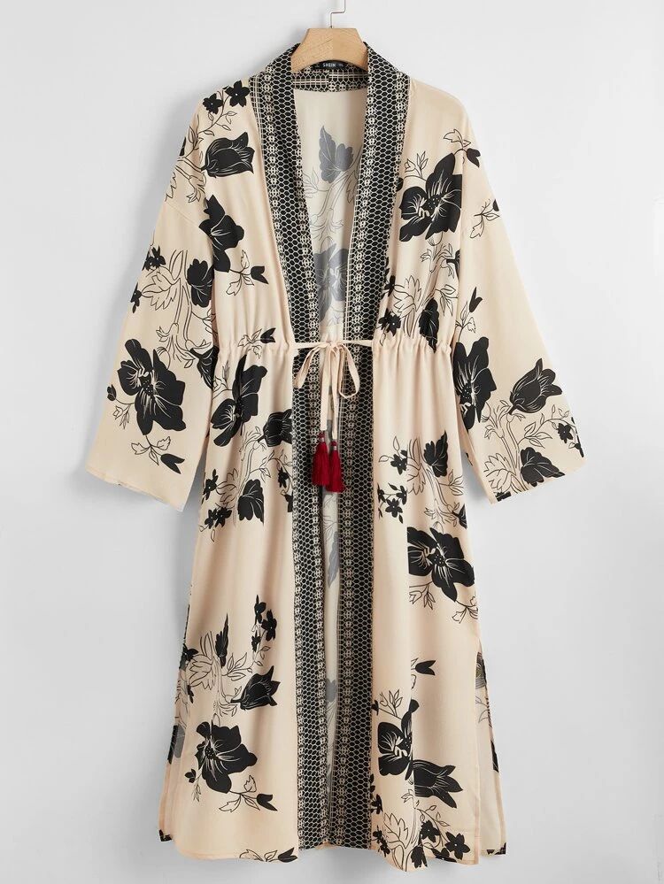 SHEIN Tie Fringe Waist Floral Print Kimono | SHEIN