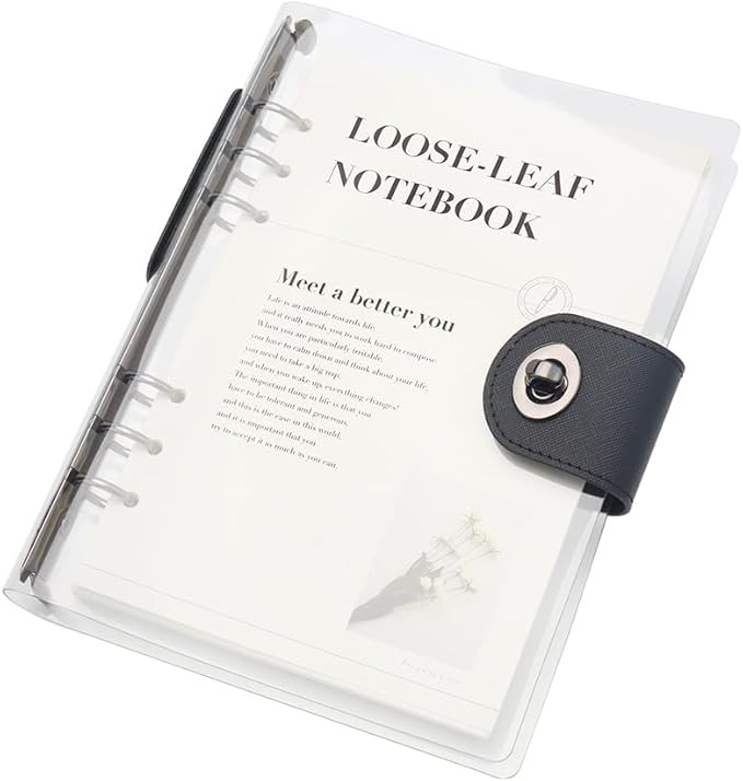 Clear A5 Refillable Notebook Binder with 90 Sheets Lined Paper Black 6-Ring Soft Transparent PVC ... | Amazon (US)