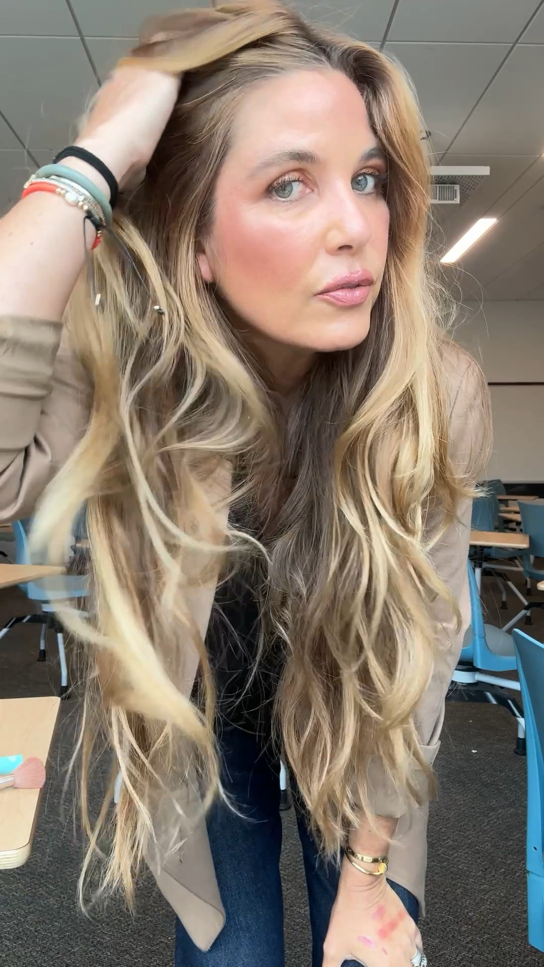 Hair is t3 hot rollers + Académie Hair Sea Glass (use code LOVEYOURHAIR for 15% off)
Gloss is Honey Moon 
Prada lipstick in Tiepolo 
Hourglass lip liner in TEMPT
Kosas eyeshadow in Embered 
YSL blush in Honey Moon
Jeans: 27

#LTKdayinmylife #LTKWorkwear #LTKBeauty