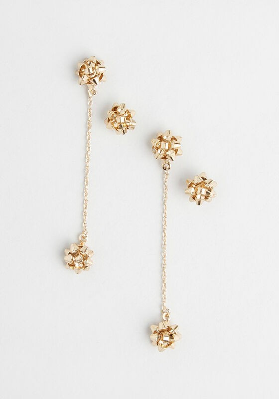 Womens Gold Bow Drop And Stud Earring Set - Quirky by ModCloth | Modcloth