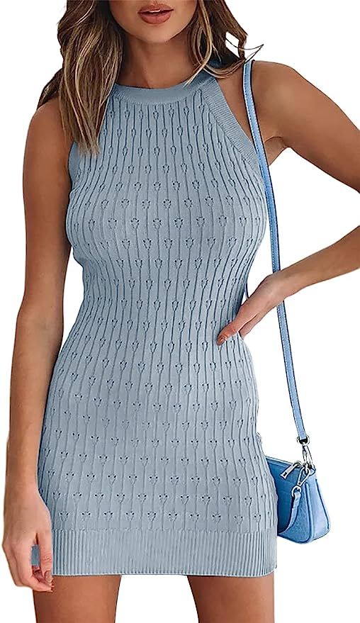 Tutorutor Summer Dress for Womens Sexy Bodycon Knit Ribbed Sweater Dress Sleeveless Crew Neck Min... | Amazon (US)