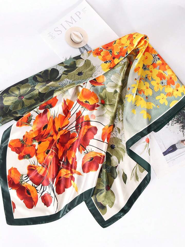 1pc Women's Green Floral Printed Satin 90x90cm Square Scarf, Versatile For Summer Travel, Holiday, Streetwear As Headband Or Neckerchief | SHEIN