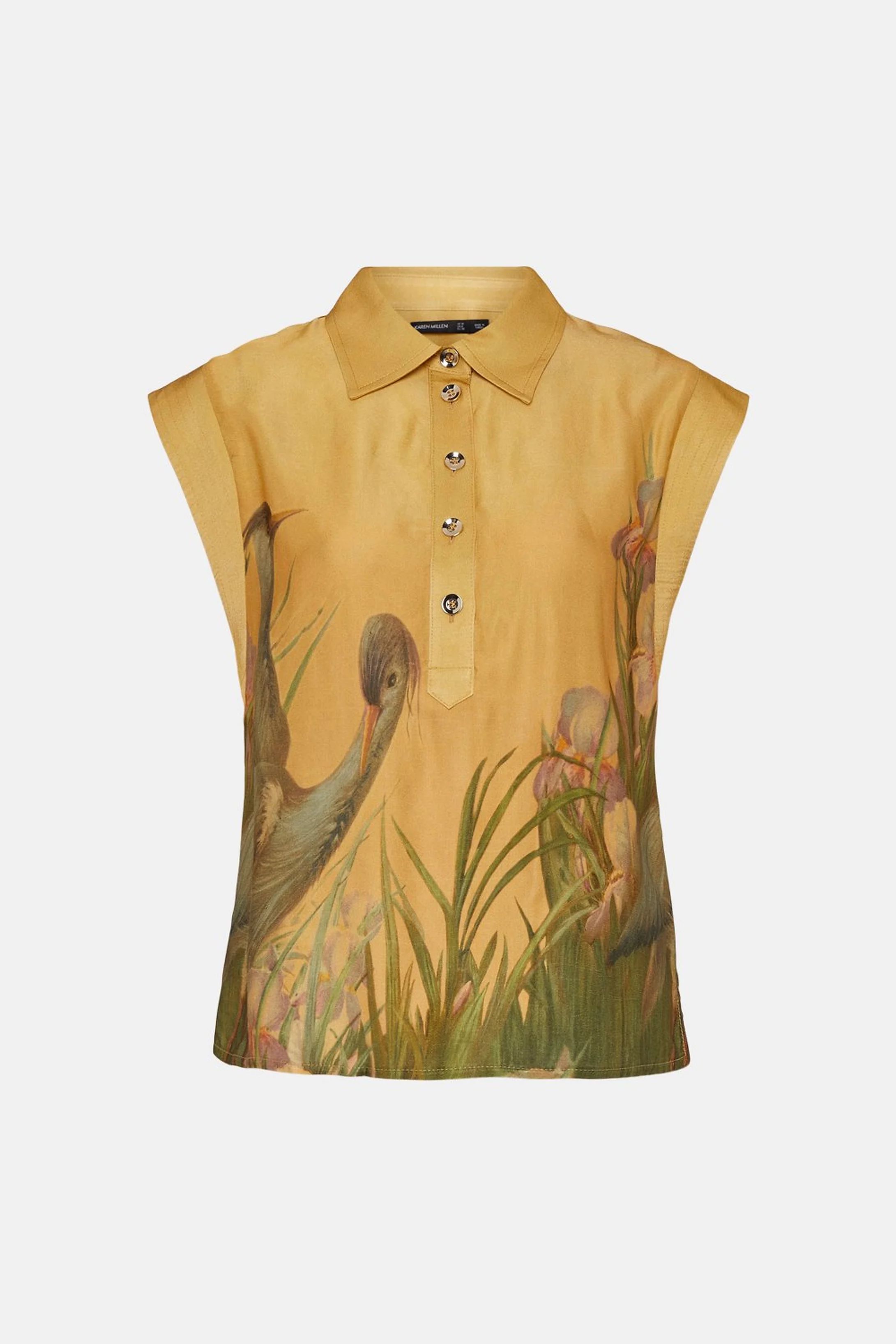 Heron Print SatinTop stitch Detail Woven Shirt | Karen Millen UK & IE