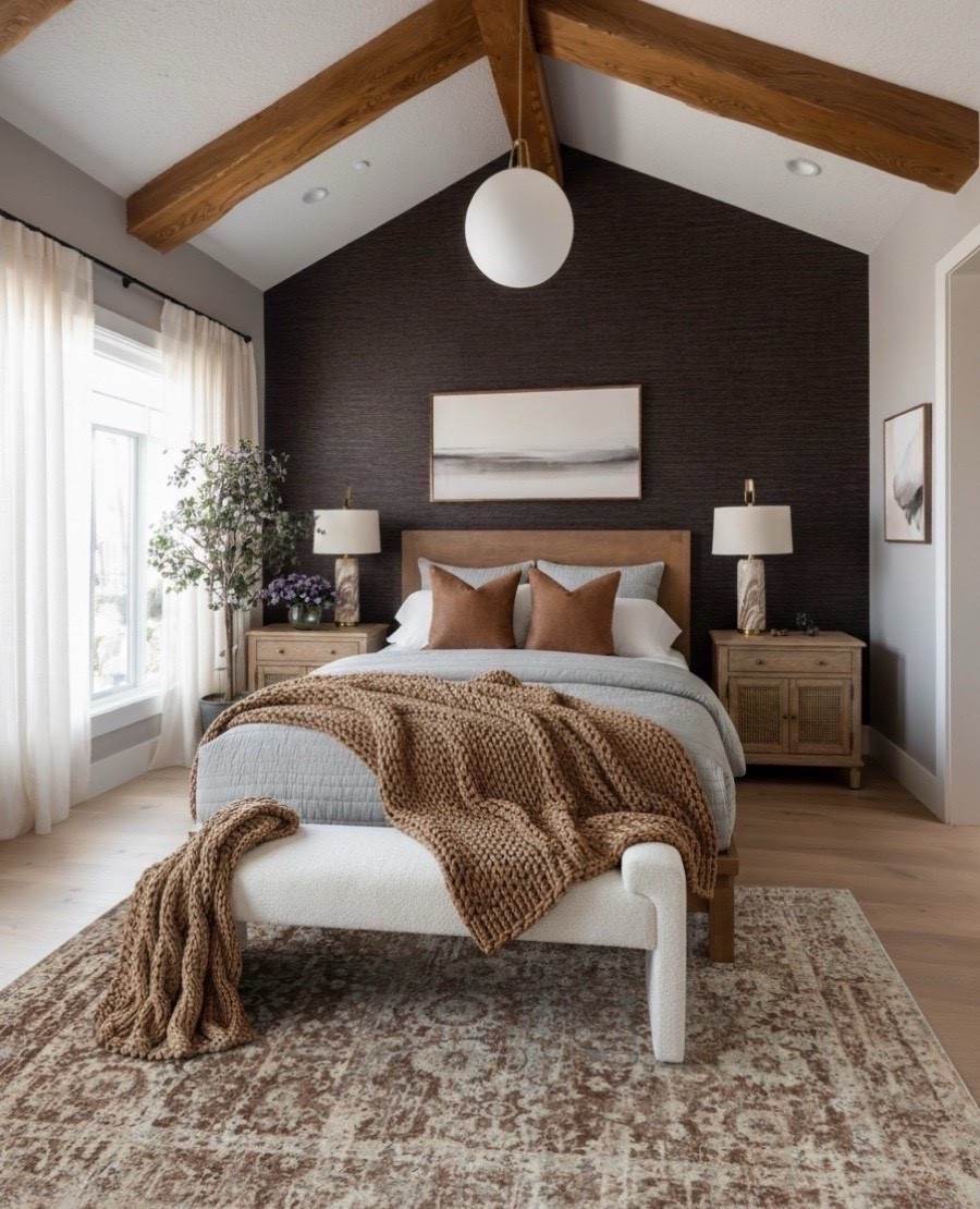 A warm, moody bedroom that mixes deep texture with soft natural light. The palette blends chocolate brown, caramel, warm oak, and layered neutrals to create a space that feels restful but still beautifully styled.

The dark espresso accent wall instantly pulls you in with its rich texture, giving the whole room a cozy wrapped feel. Against it, the warm oak bed frame adds an earthy balance that keeps the space from feeling too heavy.

The bedding is layered in soft gray, creamy white, and caramel tones so the entire setup feels plush without trying too hard. The caramel throw pillows add a perfect hit of warmth while the chunky knit throw draped across the end of the bed brings that effortless lived in touch.

The ivory upholstered bench adds softness right at the foot of the bed, and the distressed rug in warm brown and ivory ties the palette together with its antique style pattern.

The nightstands in natural woven oak add organic texture, topped with marble base lamps in warm cream for a subtle upscale moment. On the left corner, the tall leafy tree and little bundle of purple florals bring life into the darker palette without overshadowing the moodiness of the room.

Overhead, the exposed oak beams and globe pendant make the whole room feel architectural and airy.

✨ Shop the look
Warm oak bed frame
Soft gray and white layered bedding
Caramel throw pillows
Chunky knit throw
Ivory white upholstered bench
Distressed warm brown patterned rug
Woven natural oak nightstands
Marble base table lamps
Large leafy faux tree
Exposed oak ceiling beams
Round glass pendant

#LTKSaleAlert #LTKHome