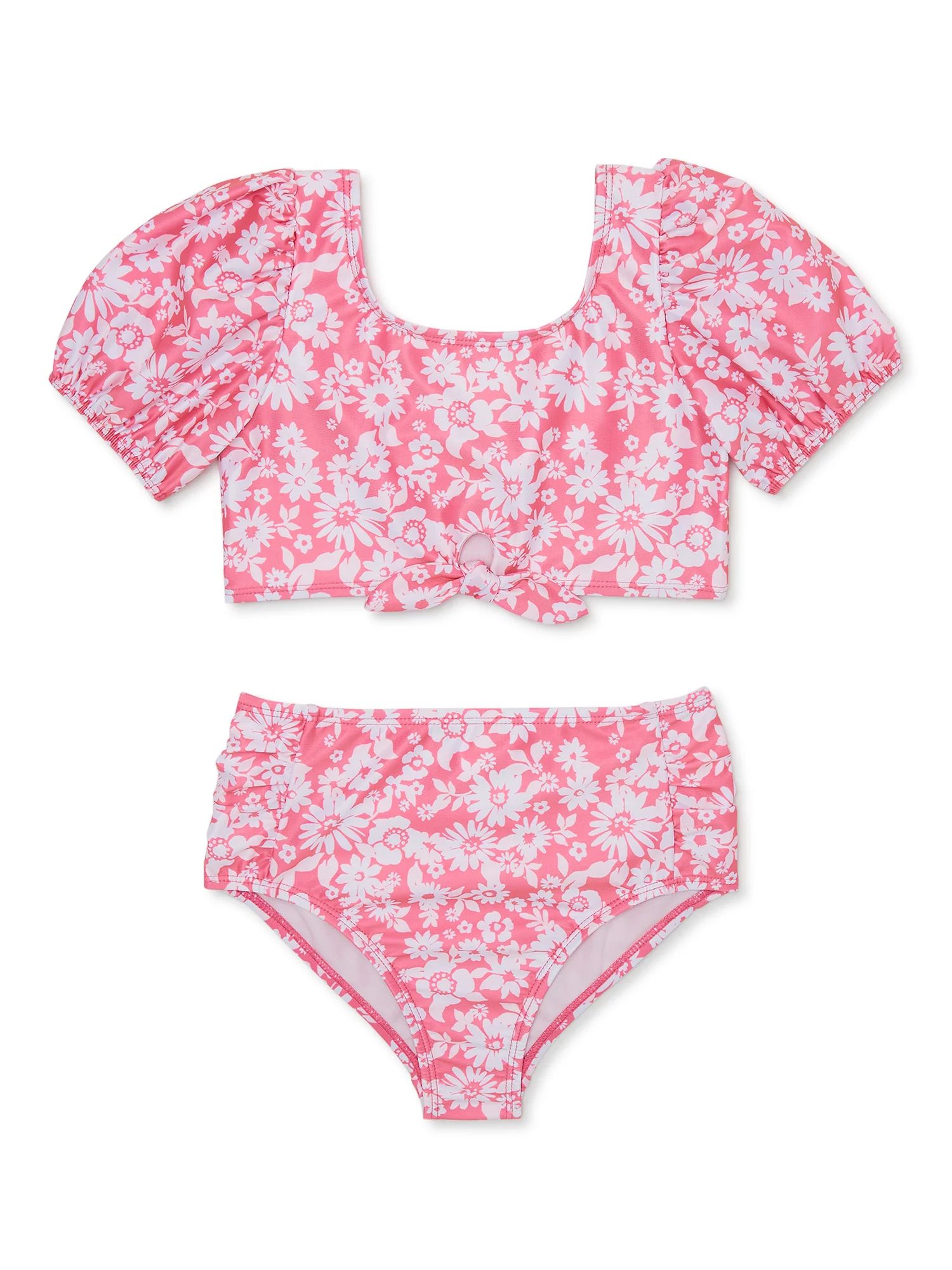 Wonder Nation Girl's Puff Sleeve Hibiscus Bikini with Front Tie, 2-Piece, Sizes 4-18 | Walmart (US)