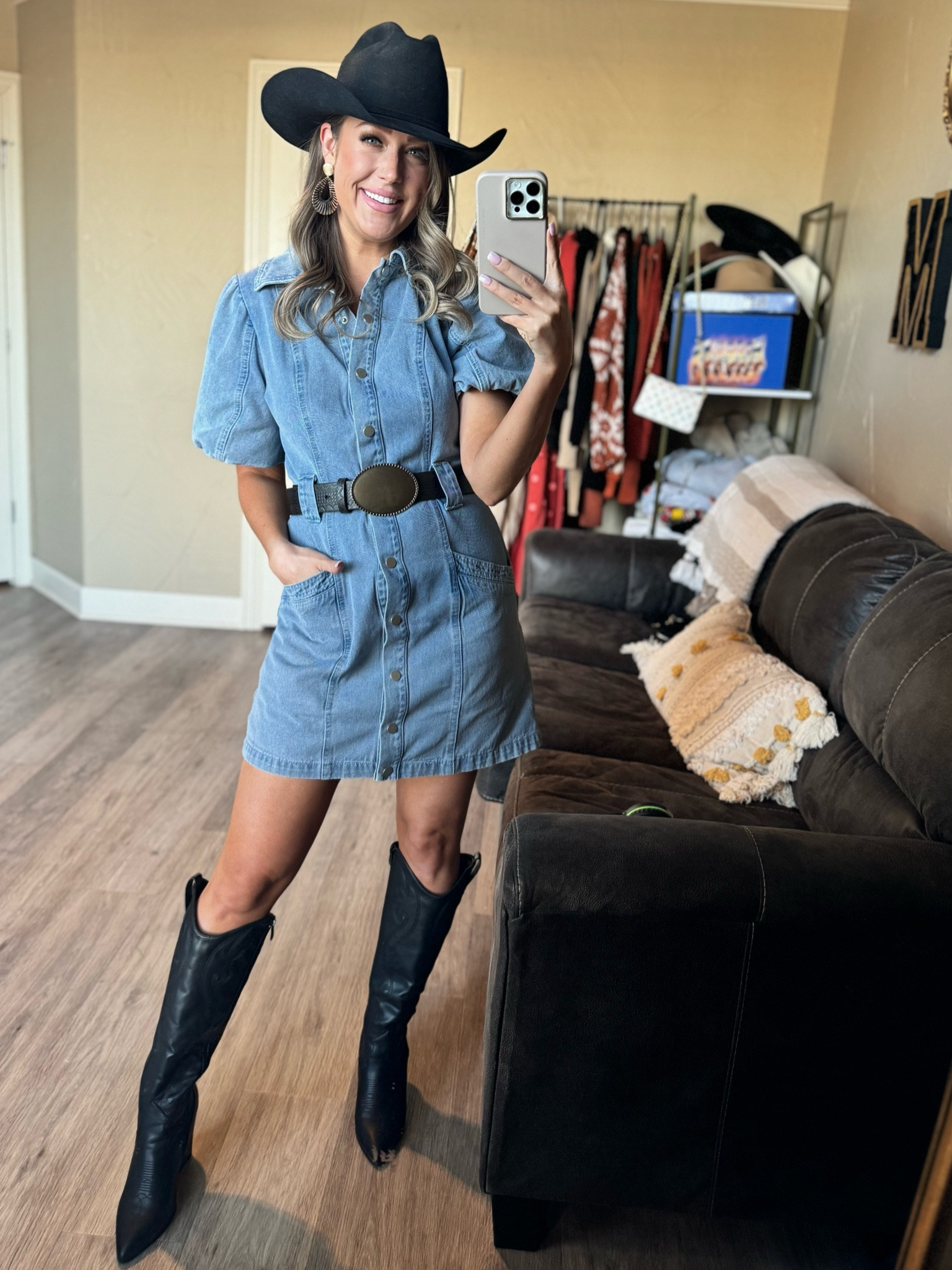 Country concert outfit. Concert outfit inspo, denim dress, denim style, western boot outfit 

#LTKstyletip #LTKfindsunder50 #LTKFestival