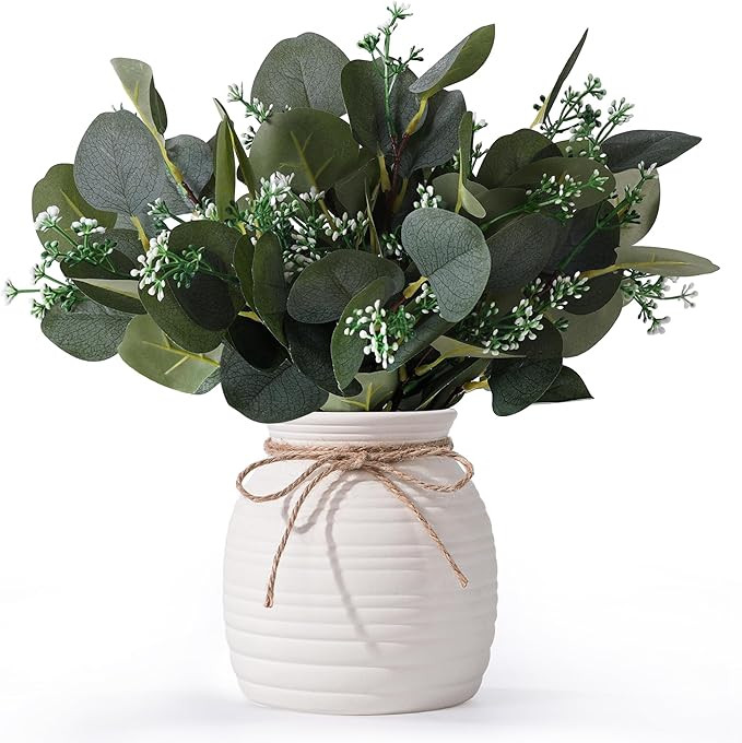 Artificial Eucalyptus in Vase, Fake plants for home decor, Ceramic White Vase with Greenery, Faux... | Amazon (US)