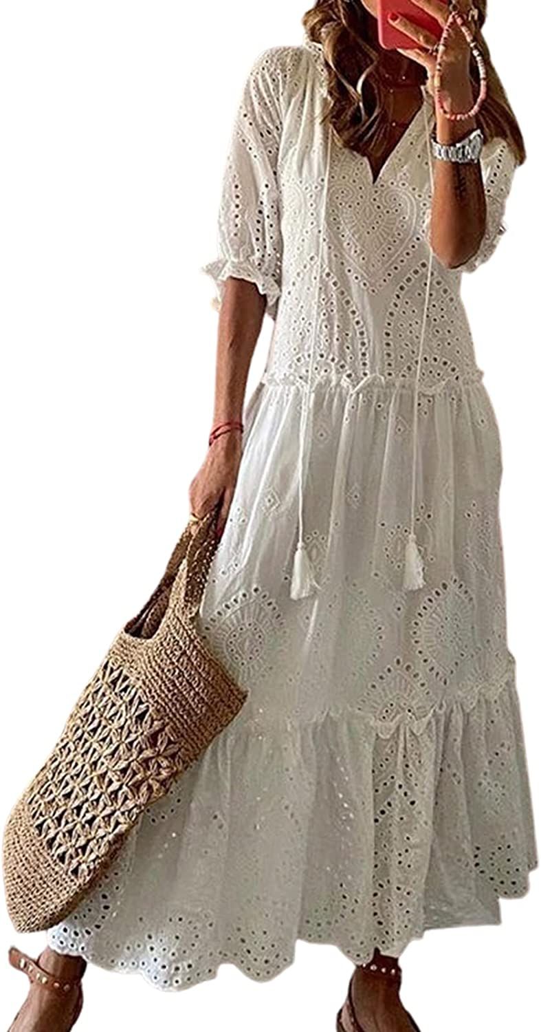 CUPSHE Women's Summer Maxi Casual Dress V Neck Loose Waist Short Sleeveless Ruffle Beach Dress Wh... | Amazon (US)