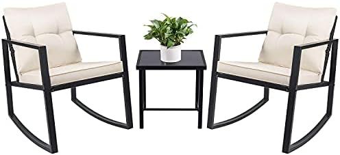 Amazon.com: Devoko 3 Piece Rocking Bistro Set Wicker Patio Outdoor Furniture Porch Chairs Convers... | Amazon (US)