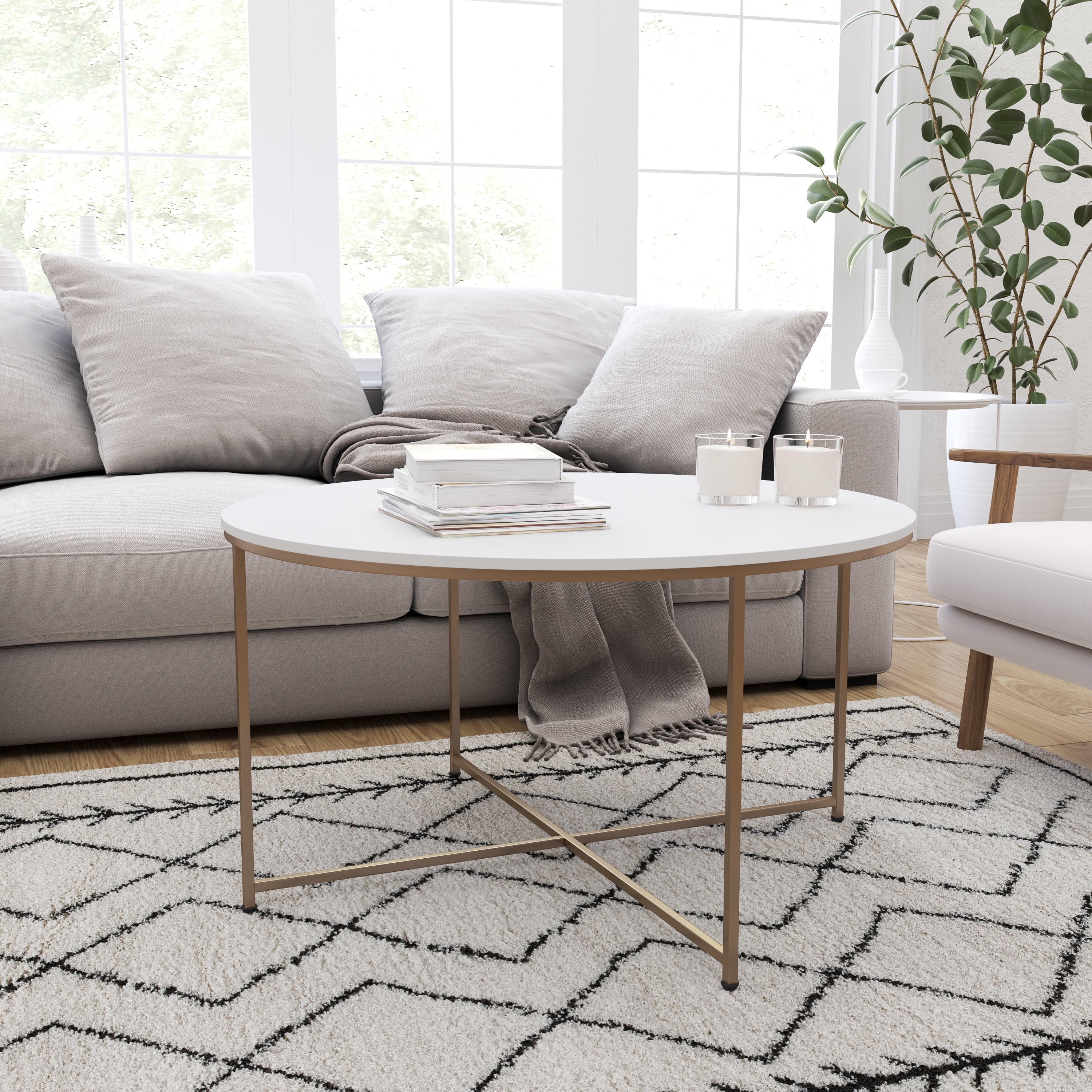 Merrick Lane White Coffee Table with Round Brushed Gold Cross Brace Frame | Walmart (US)